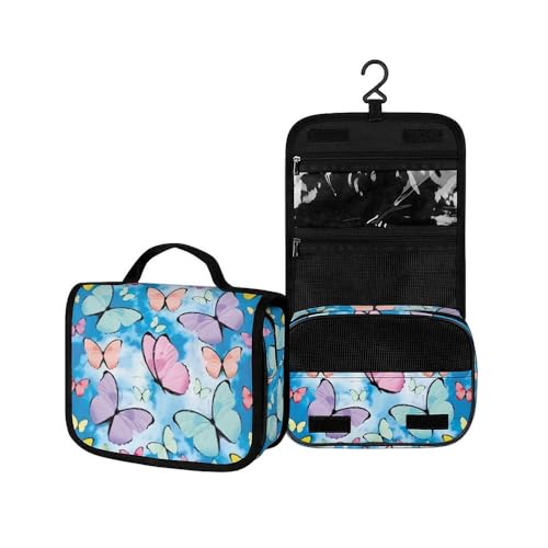 Surwin Kulturbeutel Herren Damen Zum Aufhängen Reise Hängender Kulturbeutel Kulturtasche Tragbare Groß Kosmetiktasche mit 3 Fächern Schminktasche (bunter Schmetterling,22.5x18.5x7cm) von Surwin