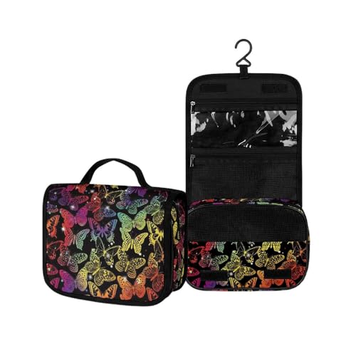Surwin Kulturbeutel Herren Damen Zum Aufhängen Reise Hängender Kulturbeutel Kulturtasche Tragbare Groß Kosmetiktasche mit 3 Fächern Schminktasche (leuchtender Schmetterling,22.5x18.5x7cm) von Surwin