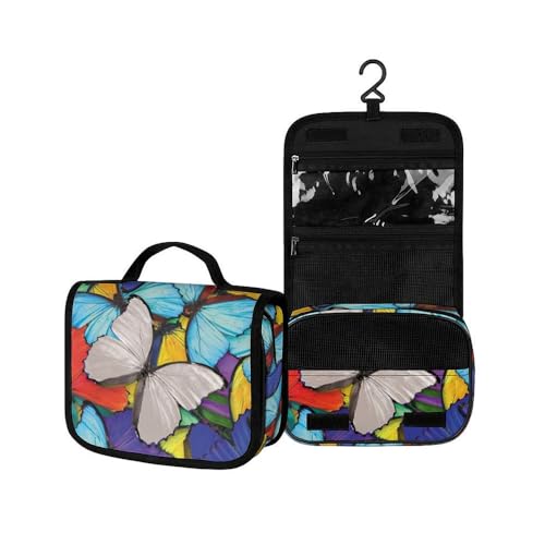Surwin Kulturbeutel Herren Damen Zum Aufhängen Reise Hängender Kulturbeutel Kulturtasche Tragbare Groß Kosmetiktasche mit 3 Fächern Schminktasche (weißer Schmetterling,22.5x18.5x7cm) von Surwin