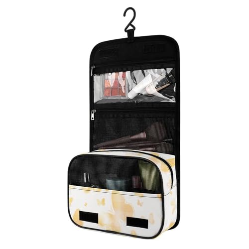 Surwin Kulturbeutel Herren Damen Zum Aufhängen Reise Hängender Kulturbeutel Kulturtasche Tragbare Groß Kosmetiktasche mit 4 Fächern Schminktasche für Travel Ferien -Schmetterling (Gelb-Weiß) von Surwin