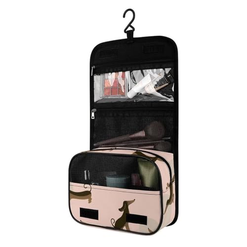 Surwin Kulturbeutel Herren Damen Zum Aufhängen Reise Hängender Kulturbeutel Kulturtasche Tragbare Groß Kosmetiktasche mit 4 Fächern Schminktasche für Urlaub Travel Ferien -3D Süß Tier (Dackel) von Surwin