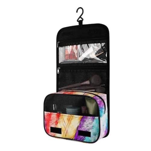 Surwin Kulturbeutel Herren Damen Zum Aufhängen Reise Hängender Kulturbeutel Kulturtasche Tragbare Groß Kosmetiktasche mit 4 Fächern Schminktasche für Urlaub Travel Ferien -Feder (Regenbogen) von Surwin