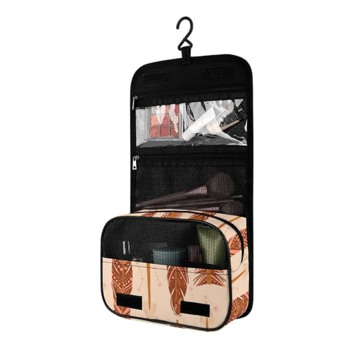 Surwin Kulturbeutel Herren Damen Zum Aufhängen Reise Hängender Kulturbeutel Kulturtasche Tragbare Groß Kosmetiktasche mit 4 Fächern Schminktasche für Urlaub Travel Ferien -Feder (Retro) von Surwin