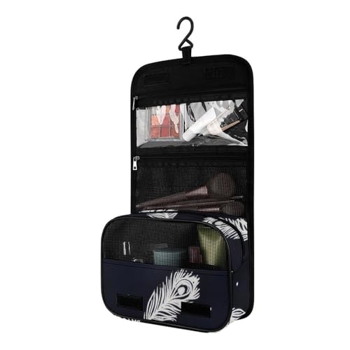 Surwin Kulturbeutel Herren Damen Zum Aufhängen Reise Hängender Kulturbeutel Kulturtasche Tragbare Groß Kosmetiktasche mit 4 Fächern Schminktasche für Urlaub Travel Ferien -Feder (Weiße Feder) von Surwin