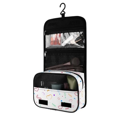 Surwin Kulturbeutel Herren Damen Zum Aufhängen Reise Hängender Kulturbeutel Kulturtasche Tragbare Groß Kosmetiktasche mit 4 Fächern Schminktasche für Urlaub Travel Ferien -Herz (Romantisch) von Surwin