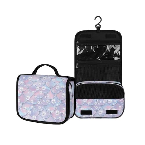 Surwin Kulturbeutel Herren Damen Zum Aufhängen Reise Hängender Kulturbeutel Kulturtasche Tragbare Kristallfischschuppendruck Kosmetiktasche mit 3 Fächern Schminktasche (Perle,22.5x18.5x7cm) von Surwin