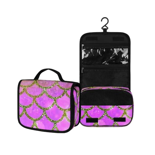 Surwin Kulturbeutel Herren Damen Zum Aufhängen Reise Hängender Kulturbeutel Kulturtasche Tragbare Kristallfischschuppendruck Kosmetiktasche mit 3 Fächern Schminktasche (rosa lila,22.5x18.5x7cm) von Surwin