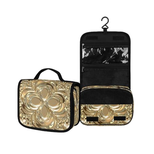 Surwin Kulturbeutel Herren Damen Zum Aufhängen Reise Hängender Kulturbeutel Kulturtasche Tragbare Metallstil Groß Kosmetiktasche mit 3 Fächern Schminktasche (vierblättriges Kleeblatt,22.5x18.5x7cm) von Surwin
