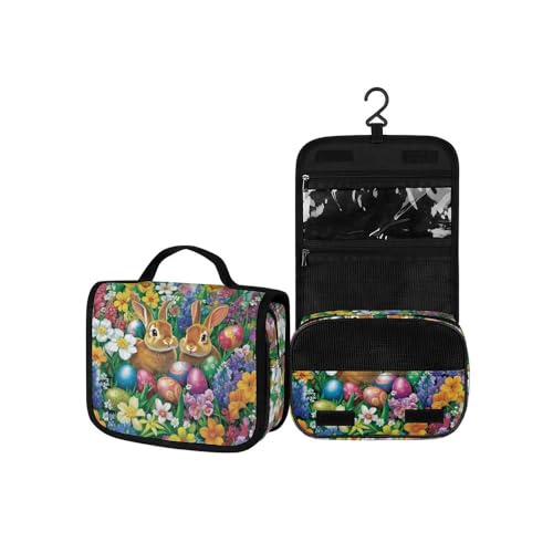 Surwin Kulturbeutel Herren Damen Zum Aufhängen Reise Hängender Kulturbeutel Kulturtasche Tragbare Osterdruck Groß Kosmetiktasche mit 3 Fächern Schminktasche (Kaninchengarten,22.5x18.5x7cm) von Surwin