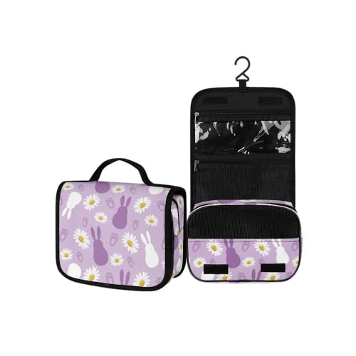Surwin Kulturbeutel Herren Damen Zum Aufhängen Reise Hängender Kulturbeutel Kulturtasche Tragbare Osterdruck Groß Kosmetiktasche mit 3 Fächern Schminktasche (lila Kaninchen,22.5x18.5x7cm) von Surwin