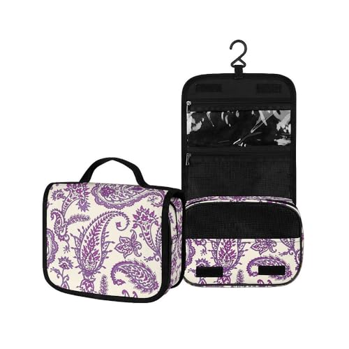 Surwin Kulturbeutel Herren Damen Zum Aufhängen Reise Hängender Kulturbeutel Kulturtasche Tragbare Paisley-Stil Groß Kosmetiktasche mit 3 Fächern Schminktasche (beige lila,22.5x18.5x7cm) von Surwin