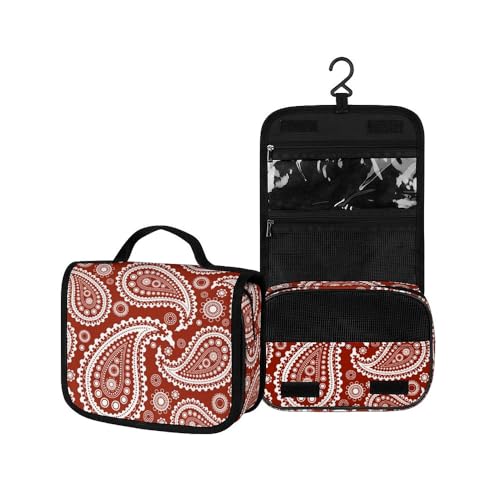 Surwin Kulturbeutel Herren Damen Zum Aufhängen Reise Hängender Kulturbeutel Kulturtasche Tragbare Paisley-Stil Groß Kosmetiktasche mit 3 Fächern Schminktasche (dunkelrot,22.5x18.5x7cm) von Surwin