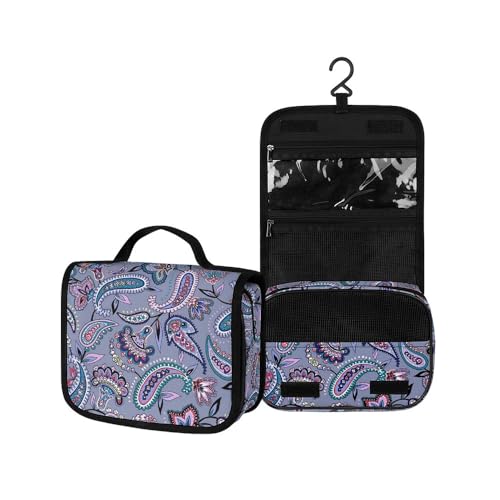 Surwin Kulturbeutel Herren Damen Zum Aufhängen Reise Hängender Kulturbeutel Kulturtasche Tragbare Paisley-Stil Groß Kosmetiktasche mit 3 Fächern Schminktasche (graurosa,22.5x18.5x7cm) von Surwin