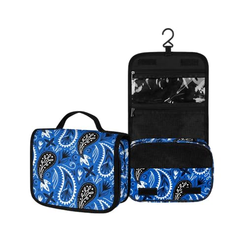 Surwin Kulturbeutel Herren Damen Zum Aufhängen Reise Hängender Kulturbeutel Kulturtasche Tragbare Paisley-Stil Groß Kosmetiktasche mit 3 Fächern Schminktasche (meerblau,22.5x18.5x7cm) von Surwin