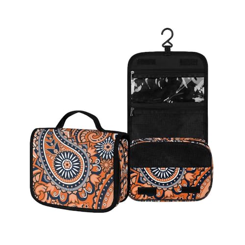 Surwin Kulturbeutel Herren Damen Zum Aufhängen Reise Hängender Kulturbeutel Kulturtasche Tragbare Paisley-Stil Groß Kosmetiktasche mit 3 Fächern Schminktasche (orange,22.5x18.5x7cm) von Surwin