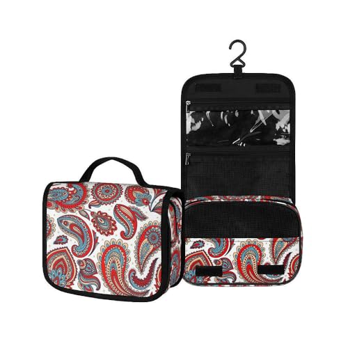 Surwin Kulturbeutel Herren Damen Zum Aufhängen Reise Hängender Kulturbeutel Kulturtasche Tragbare Paisley-Stil Groß Kosmetiktasche mit 3 Fächern Schminktasche (rot blau,22.5x18.5x7cm) von Surwin