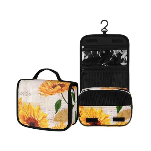 Surwin Kulturbeutel Herren Damen Zum Aufhängen Reise Hängender Kulturbeutel Kulturtasche Tragbare Sonnenblumendruck Groß Kosmetiktasche mit 3 Fächern Schminktasche (Brief,22.5x18.5x7cm) von Surwin