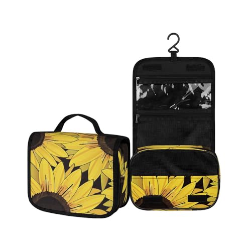 Surwin Kulturbeutel Herren Damen Zum Aufhängen Reise Hängender Kulturbeutel Kulturtasche Tragbare Sonnenblumendruck Groß Kosmetiktasche mit 3 Fächern Schminktasche (Gelb,22.5x18.5x7cm) von Surwin