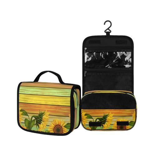 Surwin Kulturbeutel Herren Damen Zum Aufhängen Reise Hängender Kulturbeutel Kulturtasche Tragbare Sonnenblumendruck Groß Kosmetiktasche mit 3 Fächern Schminktasche (Planke,22.5x18.5x7cm) von Surwin