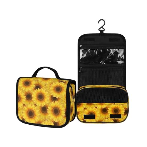 Surwin Kulturbeutel Herren Damen Zum Aufhängen Reise Hängender Kulturbeutel Kulturtasche Tragbare Sonnenblumendruck Groß Kosmetiktasche mit 3 Fächern Schminktasche (Sonnenblume,22.5x18.5x7cm) von Surwin