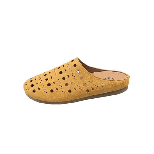 Surwin Mode Ausgehöhlt Clogs Damen, Sommer Wildleder Weiches Kork Fußbett Pantoletten Hausschuhe, Sandalen mit Arch Support, rutschfest Gartenschuhe Komfort Slip-On Kartoffel Schuhe (Gelb,40) von Surwin