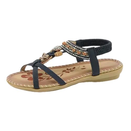 Surwin Sandalen Damen Sommer Bohemian, Exotisch Stil Sandaletten Sommer Elegant Flach mit Strass Sandaletten Damen Flach Strand Gr.35-44, Frauen PU Sandalen mit Weiche Fußbett (Marineblau,44) von Surwin
