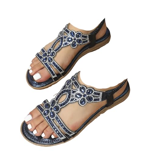 Surwin Sandalen Damen Sommer Bohemian, Sandaletten Sommer Elegant Flach mit Strass Sandaletten Damen Flach Strand Gr.35-43, Frauen PU Sandalen mit Weiche Fußbett für Urlaub (Marineblau,41) von Surwin