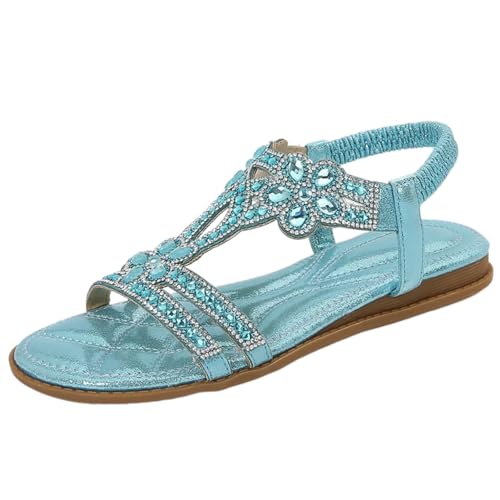 Surwin Sandalen Damen Sommer Bohemian, Strass Künstliche Steine Blume Sandaletten Sommer Elegant Flach Sandaletten Damen Flach Strand Gr.35-43, Frauen Sandalen mit Weiche Fußbett (Blau,41) von Surwin