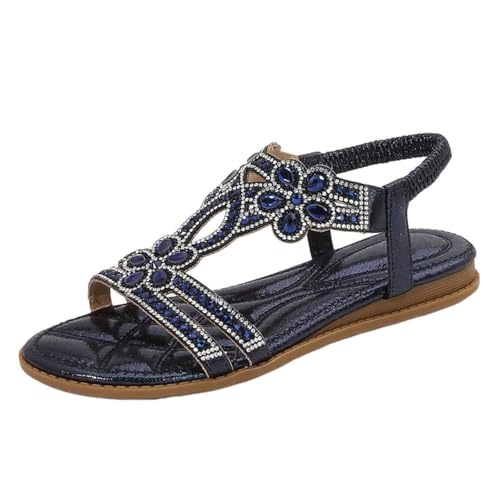 Surwin Sandalen Damen Sommer Bohemian, Strass Künstliche Steine Blume Sandaletten Sommer Elegant Flach Sandaletten Damen Flach Strand Gr.35-43, Frauen Sandalen mit Weiche Fußbett (Marineblau,43) von Surwin