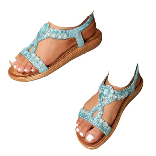 Surwin Sandalen Damen Sommer Bohemian, Strass Künstliche Steine Sandaletten Sommer Elegant Flach Sandaletten Damen Flach Strand Gr.36-43, Frauen Sandalen mit Weiche Fußbett (Hellblau,43) von Surwin