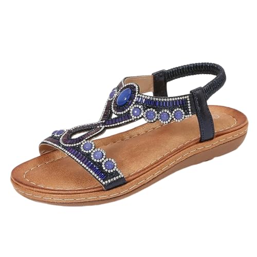 Surwin Sandalen Damen Sommer Bohemian, Strass Künstliche Steine Sandaletten Sommer Elegant Flach Sandaletten Damen Flach Strand Gr.36-43, Frauen Sandalen mit Weiche Fußbett (Marineblau,36) von Surwin