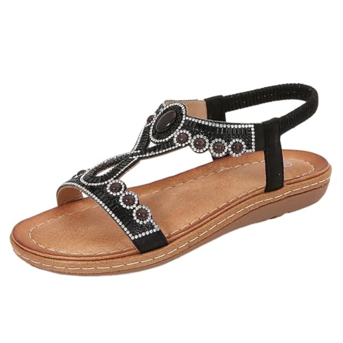 Surwin Sandalen Damen Sommer Bohemian, Strass Künstliche Steine Sandaletten Sommer Elegant Flach Sandaletten Damen Flach Strand Gr.36-43, Frauen Sandalen mit Weiche Fußbett (Schwarz,36) von Surwin