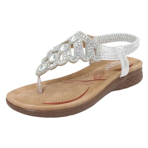 Surwin Sandalen Damen Sommer Bohemian, Strass Zehentrenner Sandaletten Sommer Elegant Flach Sandaletten Damen Flach Strand Gr.36-42, Frauen PU Sandalen mit Weiche Fußbett (Silber Farbe A,40) von Surwin