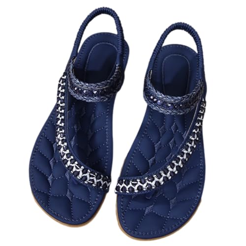 Surwin Sandalen Damen Sommer Bohemian, Zehentrenner Sandaletten Elegant Flach Sandaletten Damen Flach Strand Gr.35-42, Künstliche Steine Frauen PU Sandalen mit Weiche Fußbett (Marineblau,36) von Surwin