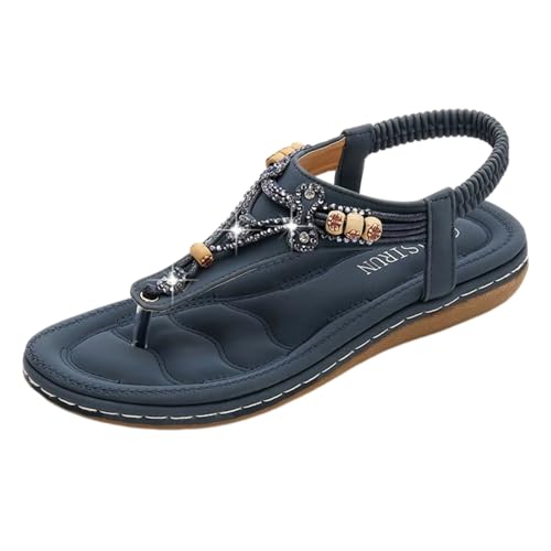 Surwin Sandalen Damen Sommer Bohemian, Zehentrenner Sandaletten Elegant Flach Sandaletten Damen Flach Strand Gr.35-42, Strass Frauen PU Sandalen mit Weiche Fußbett Sommerschuhe (Marineblau,40) von Surwin