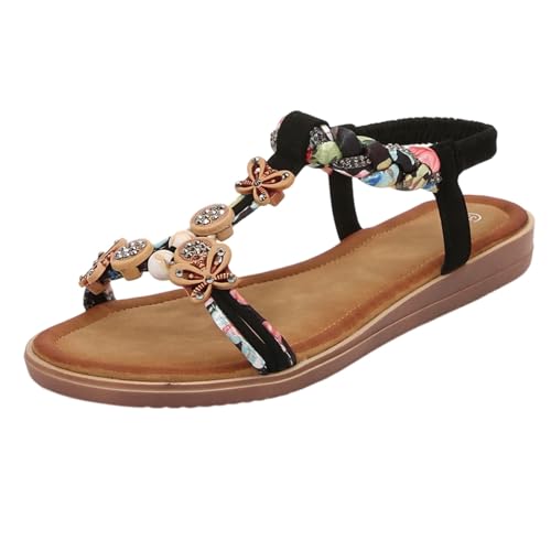 Surwin Sandalen Damen Sommer Bohemian,Sandaletten Sommer Elegant Flach Sandaletten Damen Flach Strand Gr.36-42, Schmetterling Strass Freizeit Frauen Sandalen mit Weiche Fußbett (Schwarz,36) von Surwin