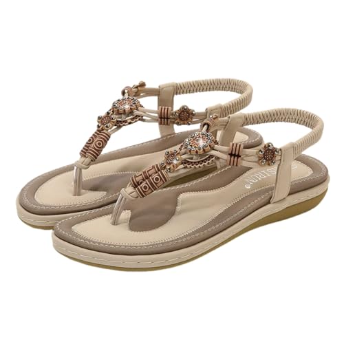 Surwin Sandalen Damen Sommer Bohemian,Zehentrenner Sandaletten Elegant Flach Sandaletten Damen Flach Strand Gr.36-44, Ethnisch Stil Strass Frauen PU Sandalen mit Weiche Fußbett (Aprikosenfarbe,44) von Surwin