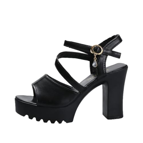 Surwin Sandalen Damen Sommer mit 10cm Absatz, Absatzschuhe Sandalen High Heels Sandaletten Bequeme Pumps Offen Frauen Absatzschuhe, für Partei Cocktail Hochzeit Datum 35-40EU (Schwarz,37) von Surwin