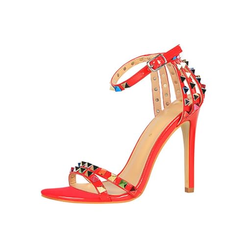 Surwin Sandalen Damen Sommer mit 11cm Absatz, Absatzschuhe Sandalen High Heels Sandaletten Bequeme Pumps Offen Frauen Absatzschuhe, für Partei Cocktail Hochzeit Datum 34-40EU (Rot,36) von Surwin