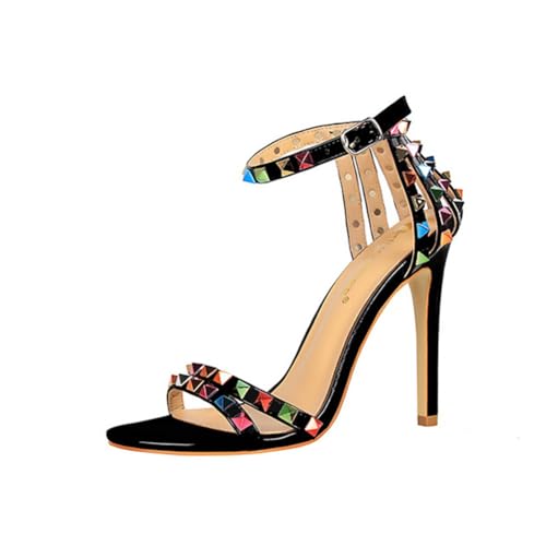 Surwin Sandalen Damen Sommer mit 11cm Absatz, Absatzschuhe Sandalen High Heels Sandaletten Bequeme Pumps Offen Frauen Absatzschuhe, für Partei Cocktail Hochzeit Datum 34-40EU (Schwarz,36) von Surwin