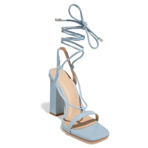 Surwin Sandalen Damen Sommer mit 6cm Absatz, Absatzschuhe Damen Sandalen High Heels Sandaletten Bequeme Pumps Offen Frauen Absatzschuhe, für Partei Cocktail Hochzeit Datum (Hellblau,40) von Surwin