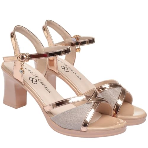 Surwin Sandalen Damen Sommer mit Absatz, Blockabsatz Absatzschuhe Damen Sandalen EU 35-40 Elegant High Heels Sandaletten 6cm Pumps Offen Frauen Absatzschuhe für Cocktail (Aprikosenfarbe,37) von Surwin