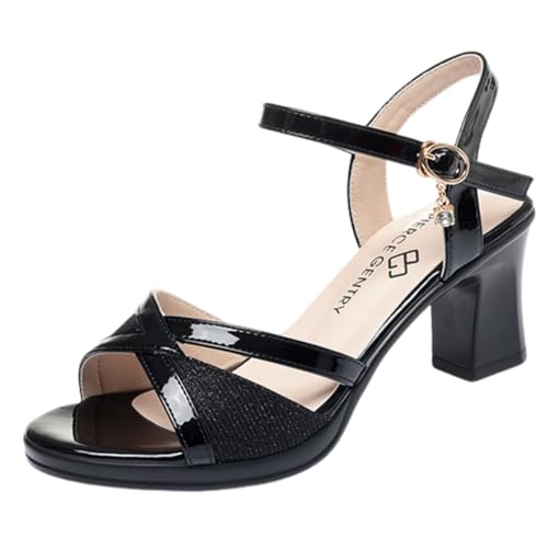 Surwin Sandalen Damen Sommer mit Absatz, Blockabsatz Absatzschuhe Damen Sandalen EU 35-40 Elegant High Heels Sandaletten 6cm Pumps Offen Frauen Absatzschuhe für Cocktail (Schwarz,37) von Surwin