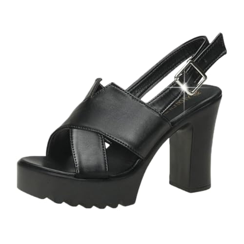 Surwin Sandalen Damen Sommer mit Absatz, Blockabsatz Plateau Absatzschuhe Damen Sandalen EU 35-42 Elegant High Heels Sandaletten 10.5cm Pumps Offen Frauen Absatzschuhe für Cocktail (Schwarz,42) von Surwin