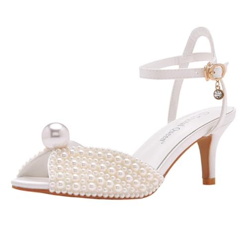 Surwin Sandalen Damen Sommer mit Absatz, Stiletto Absatzschuhe Damen Sandalen Perle Dekoration EU 34-43 Elegant High Heels Sandaletten 6.5cm Pumps Offen Frauen Absatzschuhe (Milchweiß,40) von Surwin