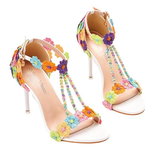 Surwin Sandalen Damen Sommer mit Absatz, Stiletto Absatzschuhe Damen Sandalen Spitze Dekoration EU 34-43 Elegant High Heels Sandaletten 9.5cm Pumps Offen Frauen Absatzschuhe (Bunt,38) von Surwin