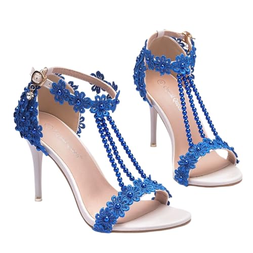 Surwin Sandalen Damen Sommer mit Absatz, Stiletto Absatzschuhe Damen Sandalen Spitze Dekoration EU 34-43 Elegant High Heels Sandaletten 9.5cm Pumps Offen Frauen Absatzschuhe (Dunkelblau,41) von Surwin