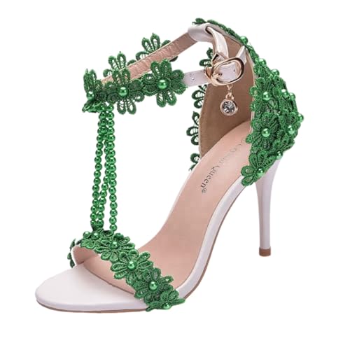 Surwin Sandalen Damen Sommer mit Absatz, Stiletto Absatzschuhe Damen Sandalen Spitze Dekoration EU 34-43 Elegant High Heels Sandaletten 9.5cm Pumps Offen Frauen Absatzschuhe (Grün,38) von Surwin