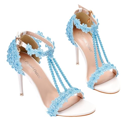 Surwin Sandalen Damen Sommer mit Absatz, Stiletto Absatzschuhe Damen Sandalen Spitze Dekoration EU 34-43 Elegant High Heels Sandaletten 9.5cm Pumps Offen Frauen Absatzschuhe (Hellblau,39) von Surwin