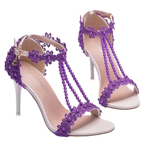 Surwin Sandalen Damen Sommer mit Absatz, Stiletto Absatzschuhe Damen Sandalen Spitze Dekoration EU 34-43 Elegant High Heels Sandaletten 9.5cm Pumps Offen Frauen Absatzschuhe (Lila,36) von Surwin